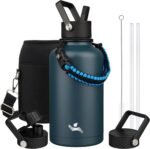 Half Gallon Insulated Water Bottle with Straw,64 oz 3 Lids Water Jug with Carrying Bag,Paracord Handle,Double Wall Vacuum Stainless Steel Metal Flask,Navy Blue - Image 2