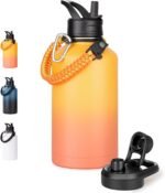 Half Gallon Water Bottle with 2 Lids (Straw & Spout), 304 Stainless Steel Sports Insulated Bottle with Handle, 64 oz Vacuum Double Walled Water Jug with Wide Mouth, BPA Free, Yellow&Orange - Image 2