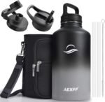 Half Gallon Water Bottle with Straw, 64 oz Water Bottle with Sleeve, Sports Insulated Large Water Jugs for Drinking, Stainless Steel Wide Mouth Water Flask for Gym Camping, Black and Gray - Image 2