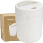 Handmade Ceramic Travel Coffee To Go Tumbler with Half Lid, 17oz Unique Tea Coffee Cup with Sip-top Lid, Speckle White - Image 2