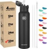 Han's Bottle Sports Water Bottle - 32 Oz, Straw Lid, Leak Proof, Vacuum Insulated Stainless Steel, Double Walled, Thermo Mug,Black - Image 2