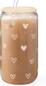 Heart 16oz Can Glass Tumbler with Acrylic Lid & Straw, Iced Coffee Cup for Women, Aesthetic Cups Gifts for Birthday Christmas Valentine - Image 2