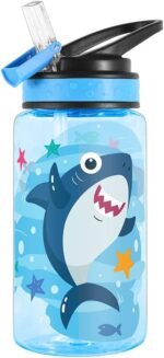 Home Tune 15oz Water Bottle for Kids Girls Boys School, BPA Free, Leak Proof Flip Straw, Carry Loop, Easy Clean - Shark - Image 2