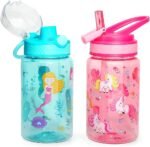 Home Tune 16oz Kids Water Drinking Bottle 2 Pack - Tritan BPA Free, Auto Flip Chug Lid, Sip Straw Lid, Carry Loop, Lightweight, Leak-Proof, Cute Design For Girls & Boys - Mermaid & Unicorn - Image 2