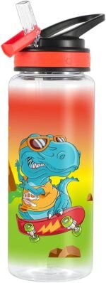 Home Tune 23oz Kids Water Bottle for School Boys, BPA FREE, Leak Proof Flip Straw, Easy Clean, Carry Handle (Rock Dinosaur) - Image 2