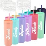 Honeydak 12 Pcs Personalized 16oz Skinny Tumblers with Lids Straws and 5 Pcs UV DTF Cup Wrap Letter Stickers, Multicolor Double Wall Plastic Tumbler Bulk Name Decals for Wedding DIY Custom Gifts - Image 2