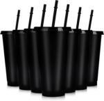 Hooqict 7 Sets Reusable Cups with Lids and Straws 24 oz Plastic Tumblers Black Party Favor Cups Water Bottle Iced Coffee Travel Mug for Kids, Adults, Summer Birthday Parties - Image 2