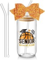 Hushee Class of 2026 Senior Night Gifts 16 oz Glass Water Bottle with Lids Straws Glitter Bow Straw Topper Senior 2026 Tumbler Graduation Gift for Her Women Team Coach Player (Basketball) - Image 2