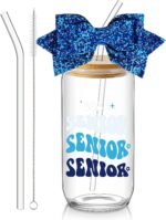 Hushee Class of 2026 Senior Night Gifts 16 oz Glass Water Bottle with Lids Straws Glitter Bow Straw Topper Senior 2026 Tumbler Graduation Gift for Her Women Team Coach Player(Blue) - Image 2