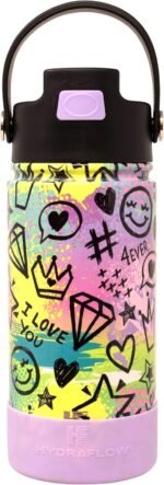 Hydraflow Hybrid Kids Water Bottle with Flip Straw Lid and Boot - Triple Wall Vacuum Insulated Water Bottle (14oz, Retro Girl) Stainless Steel Metal Thermos, Reusable Leak Proof BPA-FREE - Image 2