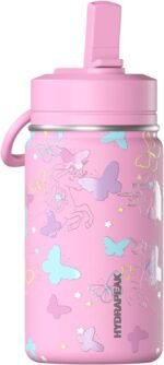 Hydrapeak Mini 14oz Fun Sticker Print Water Bottle with Straw Lid, Stainless Steel Double Wall Insulated Water Bottle, Leak-Proof and Spill-Proof Water Bottle, Butterfly Allover-Bubblegum - Image 2
