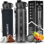 INEVIFIT 3-in-1 Sports Water Bottle 34oz 1L Hydration Tracking Water Bottles with Daily Time Marker BPA Free Tritan Leak Proof with Fruit Infuser Filter, Mixer Ball, Insulating Sleeve & Carrying Strap - Image 2