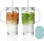 INNGOSAE 17oz Water Glass Tumbler with Handle & Lid, Reusable Iced Coffee Cups with Straws – Set of 2, Glass Cups Travel Mug for Smoothies, Juice, Coffee, Tea - Image 2