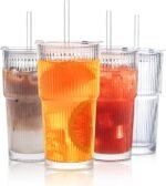 INSETLAN 20 oz Ribbed Glass Tumblers with Lids and Glass Straws – 4-Piece Glassware Set, Thickened Wall, Ideal for Iced Coffee, Smoothies, Cocktails, and Juices – Elegant and Durable Drinkware - Image 2