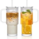 INSETLAN 26oz Ribbed Glass Tumbler with Handle & Lid – 2-Pack Large Iced Coffee Cups with Straws, Modern Glass Mug for Cold & Hot Beverages, Aesthetic Travel Cup for Smoothies, Tea, and Juice - Image 2