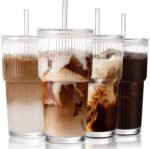 Iced Coffee Cups with Lids: Coffee Bar Accessories - Ribbed Glass Tumbler with Straw and Lid 4Pcs - 20oz Leak Proof Tumbler - Reusable Glass Cups and Tumblers with Lid and Straws for To Go Iced Coffee - Image 2