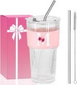 Initial Glass Cup with Straw and Lid,20oz Ribbed Glass Tumbler,Ice Tea Coffee Matcha Tumbler, Monogrammed Gifts for Sister Girlfriend Aunt,Unique Birthday Gifts,Personalized Mother Day Gift-M - Image 2
