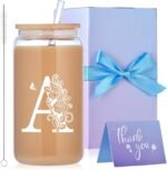 Initial Glass Cups with Lids and Straws, Monogrammed Gifts for Women, 16oz Beer Glass Tumbler, Iced Coffee Mug, Personalized Gift for Christmas. Employee Appreciation Gifts Birthday Gift for Her (A) - Image 2