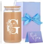Initial Glass Cups with Lids and Straws, Monogrammed Gifts for Women, 16oz Beer Glass Tumbler, Iced Coffee Mug, Personalized Gift for Christmas. Employee Appreciation Gifts Birthday Gift for Her (G) - Image 2