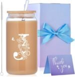 Initial Glass Cups with Lids and Straws, Monogrammed Gifts for Women, 16oz Beer Glass Tumbler, Iced Coffee Mug, Personalized Gift for Christmas. Employee Appreciation Gifts Birthday Gift for Her (J) - Image 2