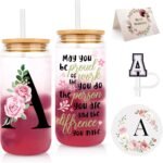 Initial Glass Cups with Lids and Straws, Personalized Gifts for Women, Iced Coffee Cup Glass Tumbler, Birthday Bridesmaid Proposal Inspirational Customized Gifts for Her Girls (A) - Image 2