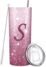 Initial S Tumbler Cup Gifts, Monogrammed Gifts for Women, Personalized Tumblers with Lids and Straws for Women 20oz, Personalized Gifts for Girls Women Mom Teacher Birthday Wedding Graduation, S-Pink - Image 2