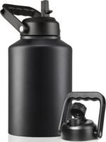 Insulated Gallon Water Bottle Jug with Straw, 128 oz Large Stainless Steel Sports Metal Water Canteen With Handle, Thermal Water Cup Mug with 2 Lids, Midnight Black - Image 2