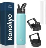 Insulated Water Bottle 24oz Stainless Steel Sport Bottles with 3 Lids,Turquoise - Image 2