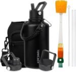 Insulated Water Bottle 64oz,Triple Wall Vacuum Stainless Steel(Dishwasher Safe),Leak Proof & Non-BPA,Flask Jug with Paracord Handle & Straw Spout Lids Sports Black - Image 2