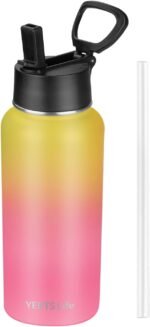Insulated Water Bottle With Straw, 32 oz Vacuum Insulated Stainless Steel Sports Water Flask, Keeps Cold and Hot, Metal Water Bottle Wide Mouth for Gym Travel Camping (Yellow&Pink) - Image 2