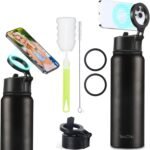 Insulated Water Bottle with Magnetic Phone Holder Compatible with MagSafe and iPhone,Double-Sided Magnet,Hot 12H Cold 24H,Stainless Steel Water Bottle Phone Mount for Sports Travel,27oz (Black) - Image 2