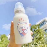 JHTPSLR Strawberry Bear Glass Bottle with Nipple Sippy 11oz Kawaii Water Bottle for Adults School Sports Office Cute Frosted Borosilicate Drinking Bottle Portable Jug (C) - Image 2