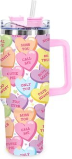 JarThenaAMCS 1 Pc Valentine's Day Tumbler with Handle Lid Straw 40 Oz Colorful Conversation Heart Stainless Steel Travel Tumbler Cup for Iced Coffee Party Favor - Image 2