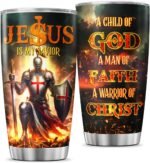 Jesus Is My Savior 20oz Stainless Steel Tumbler, Christian Warrior Design for Men of Faith, Religious Travel Mug for Church, Prayer, Bible Study, for Dad, Husband, Grandpa - Image 2