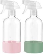 JohnBee Glass Spray Bottles with Silicone Sleeve, 2 Pack16 oz Empty Refillable Containers with Adjustable Spray Nozzles, Spray Bottles for Hair, Cleaning Solutions and Plants Olive Green&Pink - Image 2