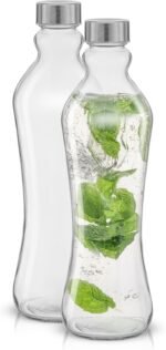 JoyJolt Glass Water Bottles - 2pc Set, 32 oz/1 Liter, Clear Glass with Stainless Steel Lids, Leakproof, Ideal for Juicing or Iced Tea - Image 2