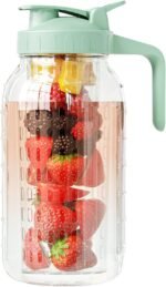 JunVpic Fruit Infuser Water Pitcher,Glass Mason Jar Pitcher,64oz(2 Quart) Wide Mouth Jug with Pour Spout Handle Lid for Fruit Drinks,Cold Brew Coffee,Ice Beverage,Iced Juice,Lemonade,Sun Tea Container - Image 2
