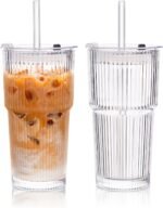 KEMORELA 2-Pack 20 oz Ribbed Glass Tumblers with Lids and Glass Straws – Vintage Iced Coffee Cups, Reusable Smoothie & Cocktail Drinking Glasses, Clear Glassware for Home or Cafe - Image 2