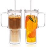 KEMORELA 2 Pack 28oz Double Wall Glass Tumblers with Handle, Lids & Straws – Large Insulated Clear Borosilicate Glass Cups for Iced Coffee, Smoothies, Bubble Tea & Cold Beverages - Image 2