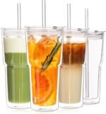 KEMORELA 20oz Double Wall Glass Tumblers 4‑Pack with Lids & Straws | Insulated Clear Drinking Glasses for Iced Coffee, Matcha, Smoothies | Reusable Cups for Family & Parties - Image 2