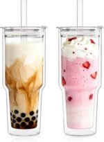 KEMORELA 28 oz Double Wall Glass Tumblers Set of 2, Extra-Wide 13mm Reusable Glass Drinking Straws, Boba Tumbler, Wide-Mouth Water Cups for Iced Coffee, Smoothies, Boba & Tea Lovers - Image 2