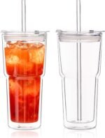 KEMORELA 2PCS 20oz Clear Double Wall Glass Cups with Lids and Straws, Insulated Borosilicate Glass Tumblers, Heat-Resistant, leak-proof Design for Iced Coffee, Bubble Tea, Juice - Image 2