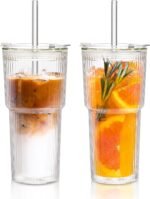 KEMORELA 2PCS 20oz Double Wall Ribbed Glass Cups with Lids and Straws, Insulated Borosilicate Glass Tumblers, Heat-Resistant, leak-proof Design for Iced Coffee, Bubble Tea, Juice, Dishwasher Safe - Image 2