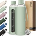 KIVY Glass Water Bottle with Silicone Sleeve 32 oz [WITH MEASUREMENT] - Borosilicate Glass Water Bottle Screw Top - Clear Bottles with Measurement Marking - Slim Waterbottle Aesthetic - Sage Green - Image 2