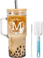KWOLYKIlM Glass Cup with Bamboo Lid and Straw, 24oz Glass Tumbler with Handle Personalized Mason Jar for Iced Coffee, Smoothie, Juice Drinking Reusable Cup Travel Mug for Friend Family Women Letter M - Image 2