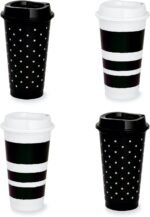 Kate Spade New York Black/White Reusable Travel Tumbler Set of 4, 16 Ounce BPA-Free Plastic Cups with Lids, Coffee Mugs for Hot or Cold Drinks, Dots and Stripes - Image 2