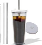 Kensal Home Reusable Iced Coffee Cup (24 Oz/Venti), Leak Proof and Double Wall Insulated Iced Coffee Tumbler, Come with Reusable Plastic and Metal Straws and Straw Cleaner - White - Image 2