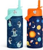 Kid Water Bottle 12oz with Straw Lid - 2-Pack Insulated Stainless Steel Water Bottles for Kids Boys Girls - Travel Cup for School Sports, Outer Space & Astronaut - Image 2