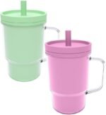Kids BPA-Free Plastic Tumbler with Spill Resistant Flexible Straw, Easy to Clean, Kids Water Bottle, Great for Travel, Dishwasher Safe, Orange Peach and Watermelon(1 Green &1 Pink) - Image 2