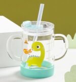 Kids Glass Tumbler with Handles Toddler Cute Milk Water Cup Bottle with Silicone Straw and Lid Scale Juice Milk Drinking Mug Heatable Leak Proof Glass Tumbler Children Friendly Travel Water Cup Gift - Image 2